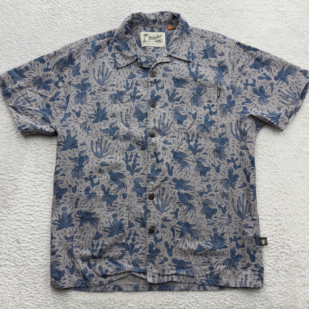 Howler Bros Mens Small Grey Blue Cactus Rooster Desert Print 4 Pocket Shirt